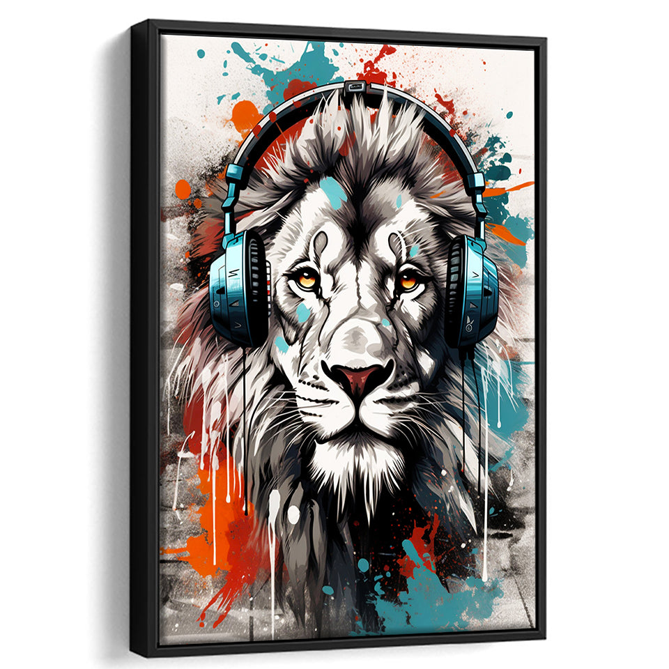Lion Wearing Headphone, Gaming Art, Gift For Kids,Framed Canvas Prints,Floating Frame, Wall Art Home Decor