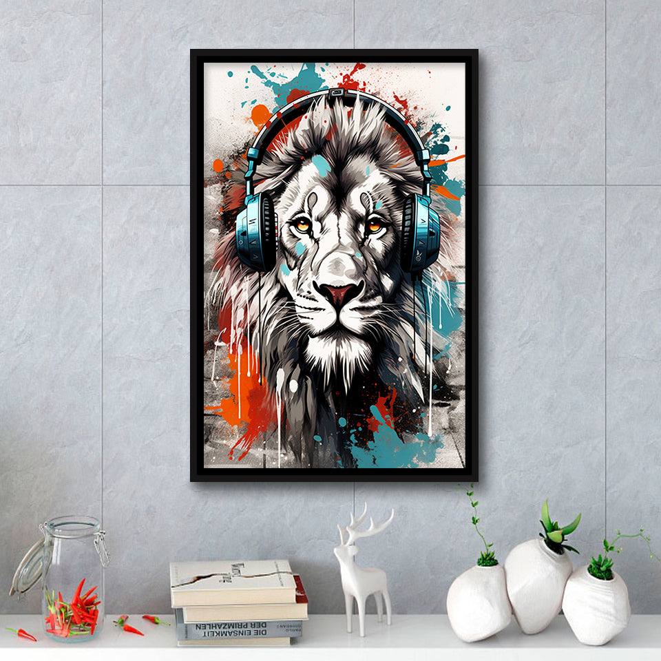 Lion Wearing Headphone, Gaming Art, Gift For Kids,Framed Canvas Prints,Floating Frame, Wall Art Home Decor