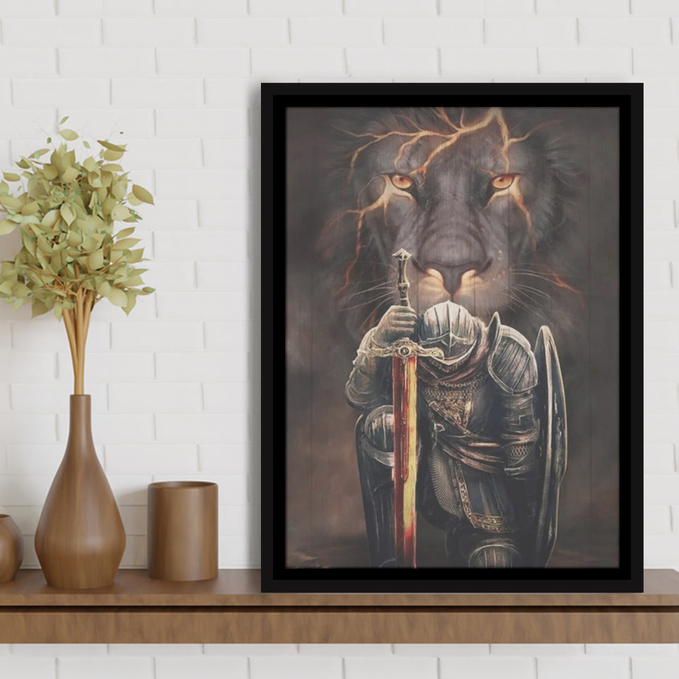 Lion And Warrior Knight Framed Canvas Prints Wall Art - Painting Canvas, Framed Picture, Home Art Decor