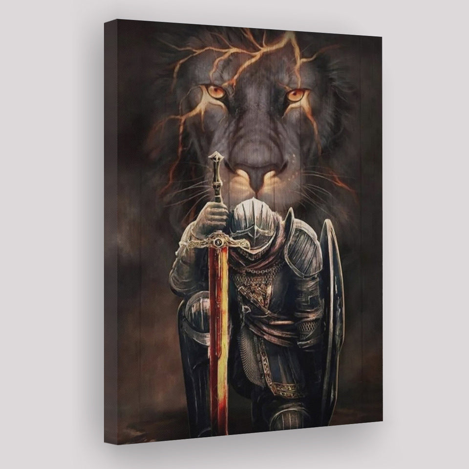 Lion And Warrior Knight Canvas Prints Wall Art - Painting Canvas, Wall Decor, Home Decor