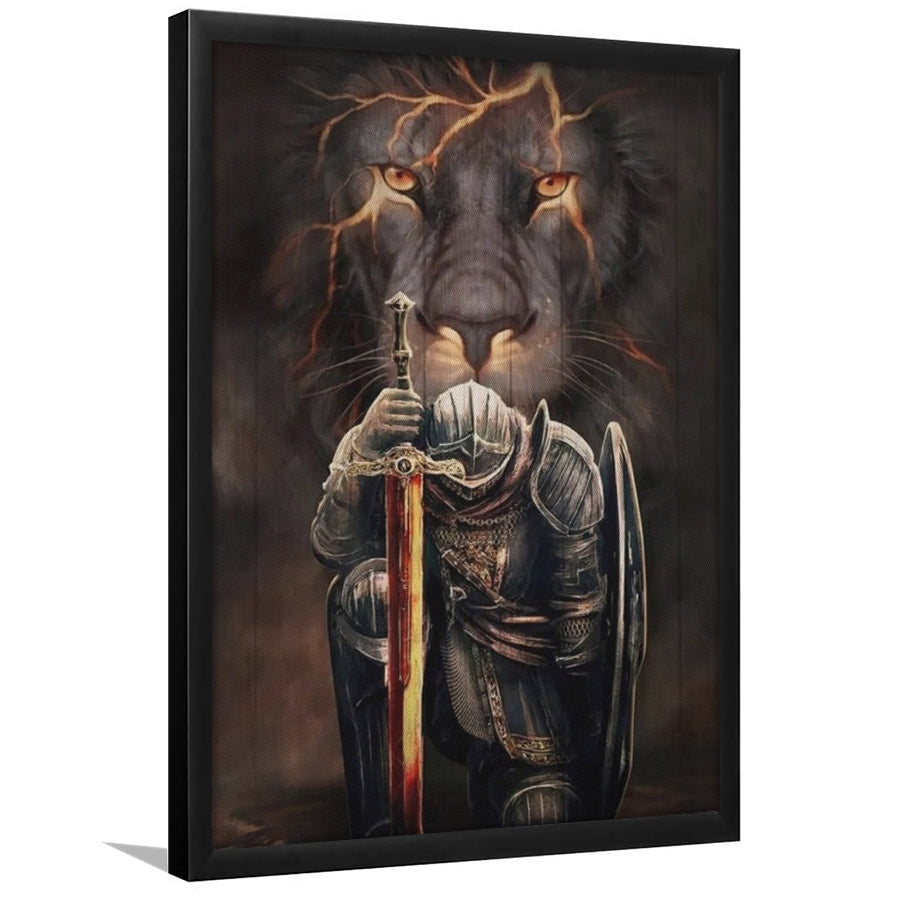 Lion And Warrior Knight Framed Art Print Wall Decor - Painting Art, Framed Picture, Home Decor