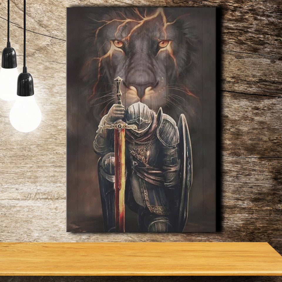 Lion And Warrior Knight Canvas Prints Wall Art - Painting Canvas, Wall Decor, Home Decor