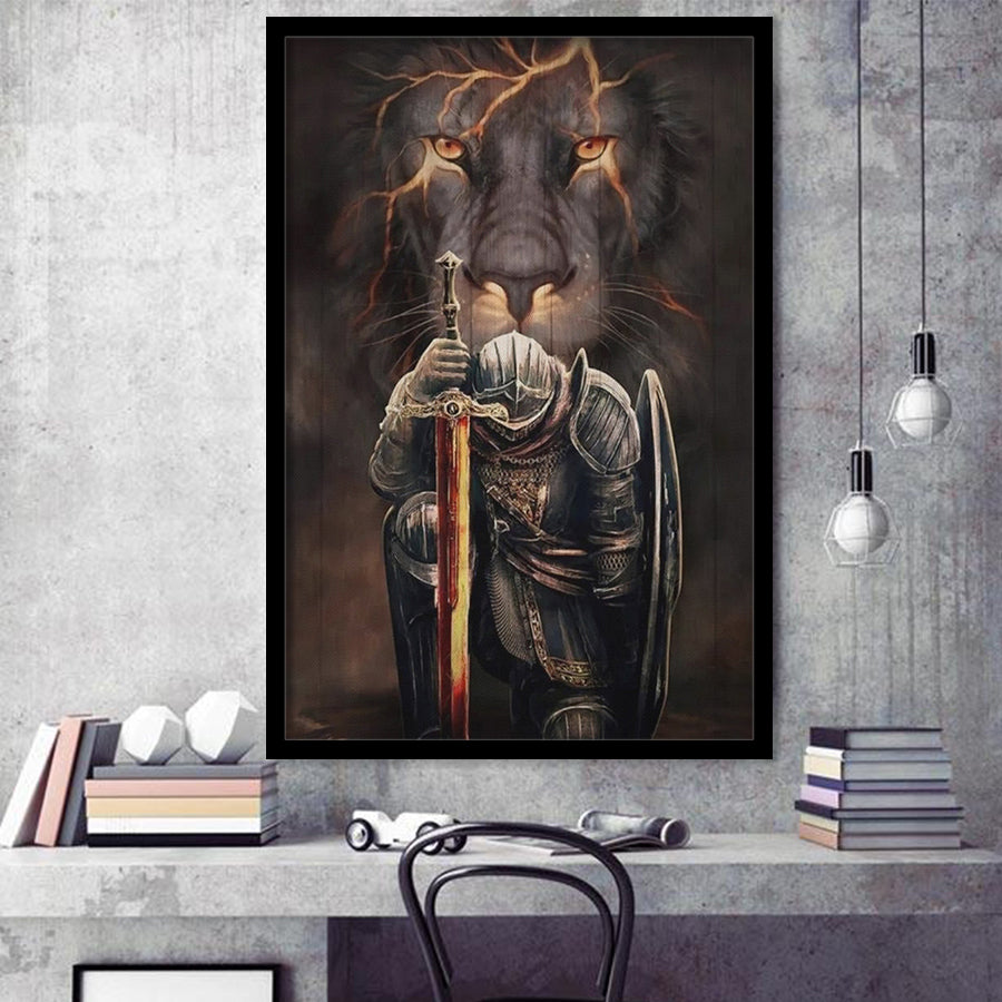 Lion And Warrior Knight Framed Art Print Wall Decor - Painting Art, Framed Picture, Home Decor