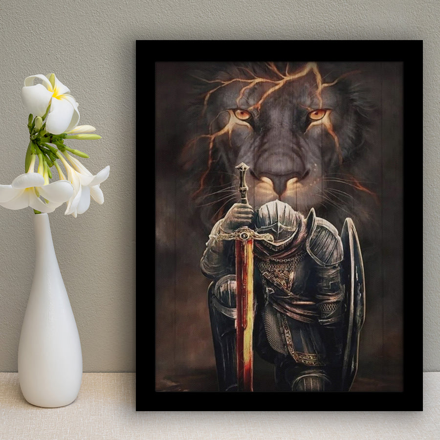 Lion And Warrior Knight Framed Art Print Wall Decor - Painting Art, Framed Picture, Home Decor