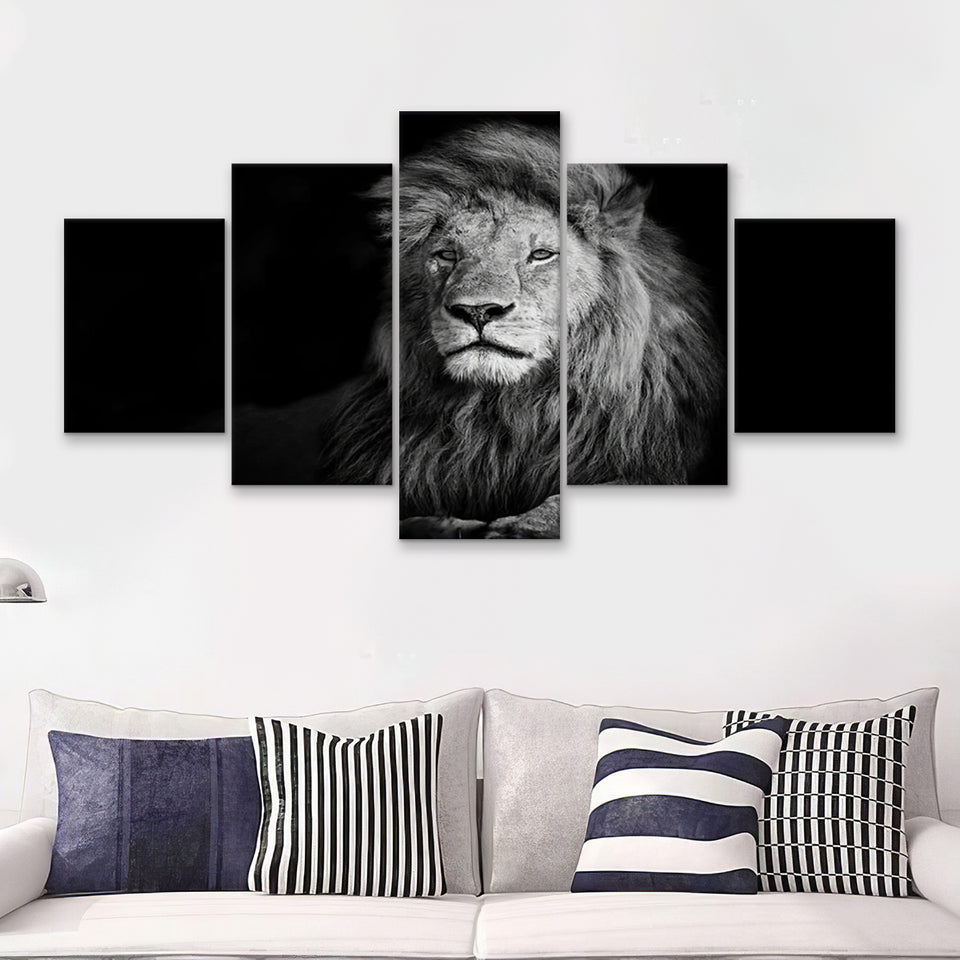 Lion Portrait Black And White 5 Pieces Canvas Prints Wall Art - Painting Canvas, Multi Panels, Wall Decor