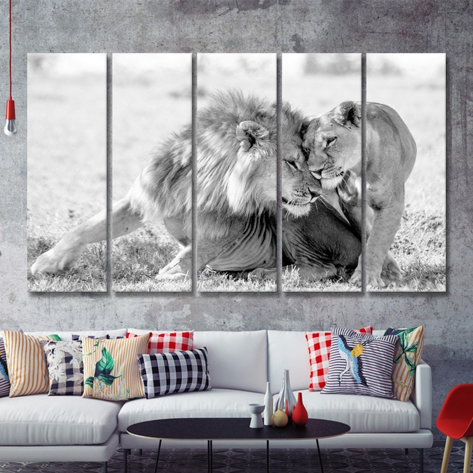Lions Couple In Love Black Adn White 5 Piece B Multi Panels Canvas Prints Wall Art - Painting Canvas,Wall Decor