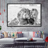 Lions Couple In Love Black Adn White Framed Canvas Prints Wall Art - Painting Canvas,Framed Picture,Home Art Wall Decor