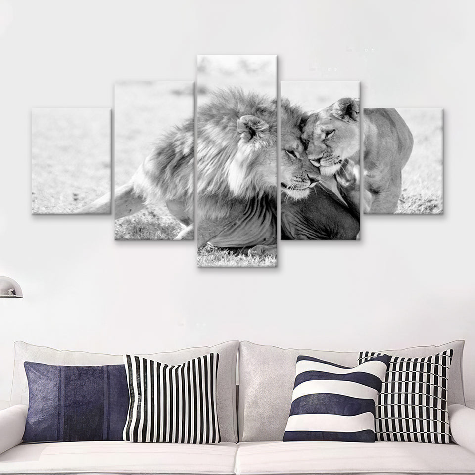 Lions Couple In Love Black Adn White 5 Piece Multi Panels Canvas Prints Wall Art - Painting Canvas,Wall Decor