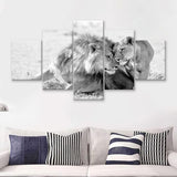 Lions Couple In Love Black Adn White 5 Piece Multi Panels Canvas Prints Wall Art - Painting Canvas,Wall Decor