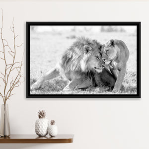 Lions Couple In Love Black Adn White Framed Canvas Prints Wall Art - Painting Canvas,Framed Picture,Home Art Wall Decor