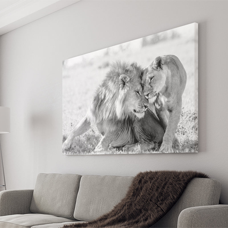 Lions Couple In Love Black Adn White Canvas Prints Wall Art - Painting Canvas,Wall Decor,Art Print,Home Decor