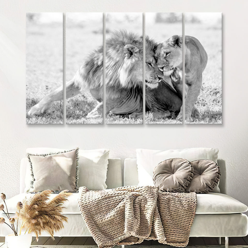 Lions Couple In Love Black Adn White 5 Piece B Multi Panels Canvas Prints Wall Art - Painting Canvas,Wall Decor