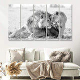 Lions Couple In Love Black Adn White 5 Piece B Multi Panels Canvas Prints Wall Art - Painting Canvas,Wall Decor