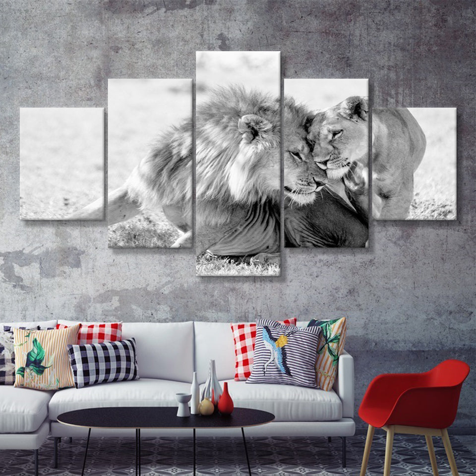 Lions Couple In Love Black Adn White 5 Piece Multi Panels Canvas Prints Wall Art - Painting Canvas,Wall Decor