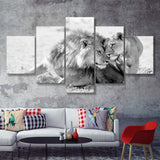 Lions Couple In Love Black Adn White 5 Piece Multi Panels Canvas Prints Wall Art - Painting Canvas,Wall Decor