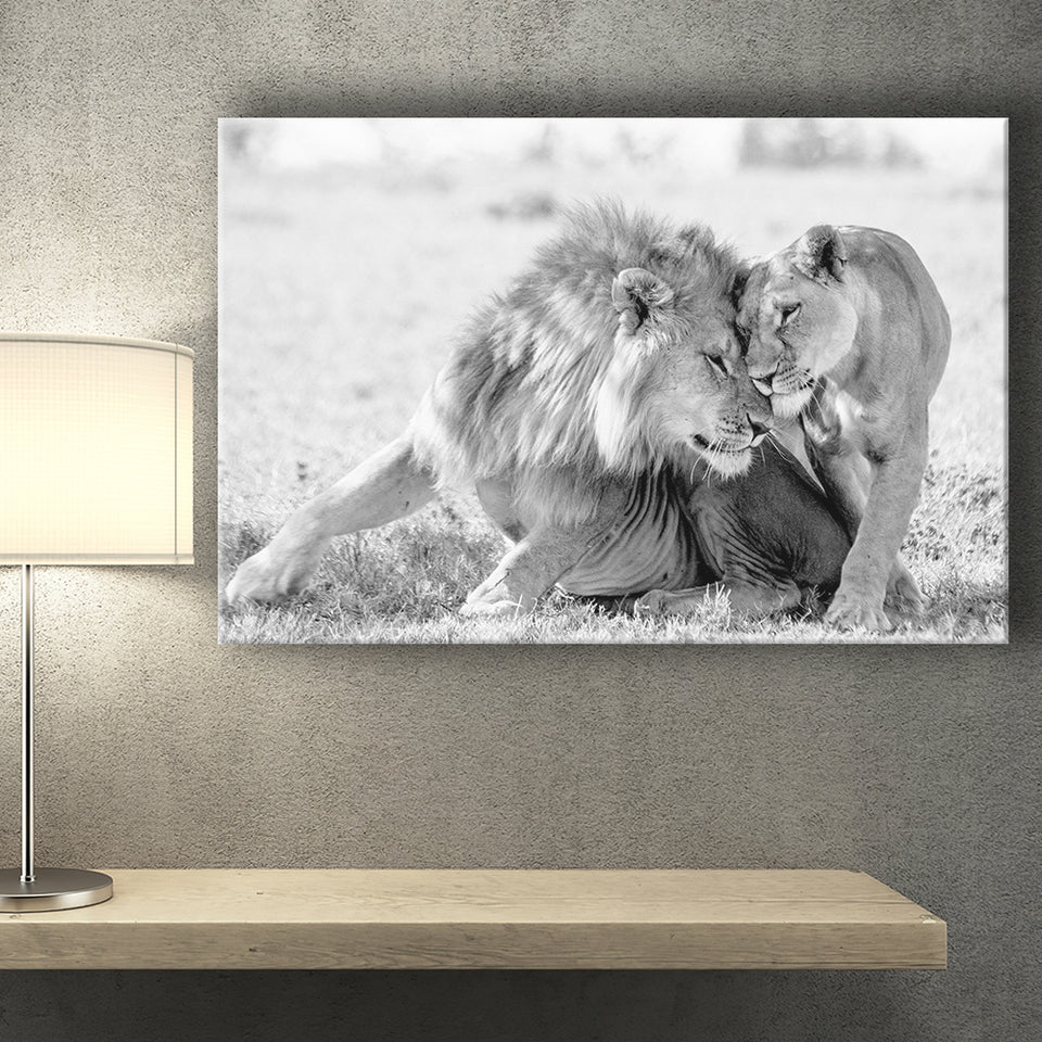 Lions Couple In Love Black Adn White Canvas Prints Wall Art - Painting Canvas,Wall Decor,Art Print,Home Decor