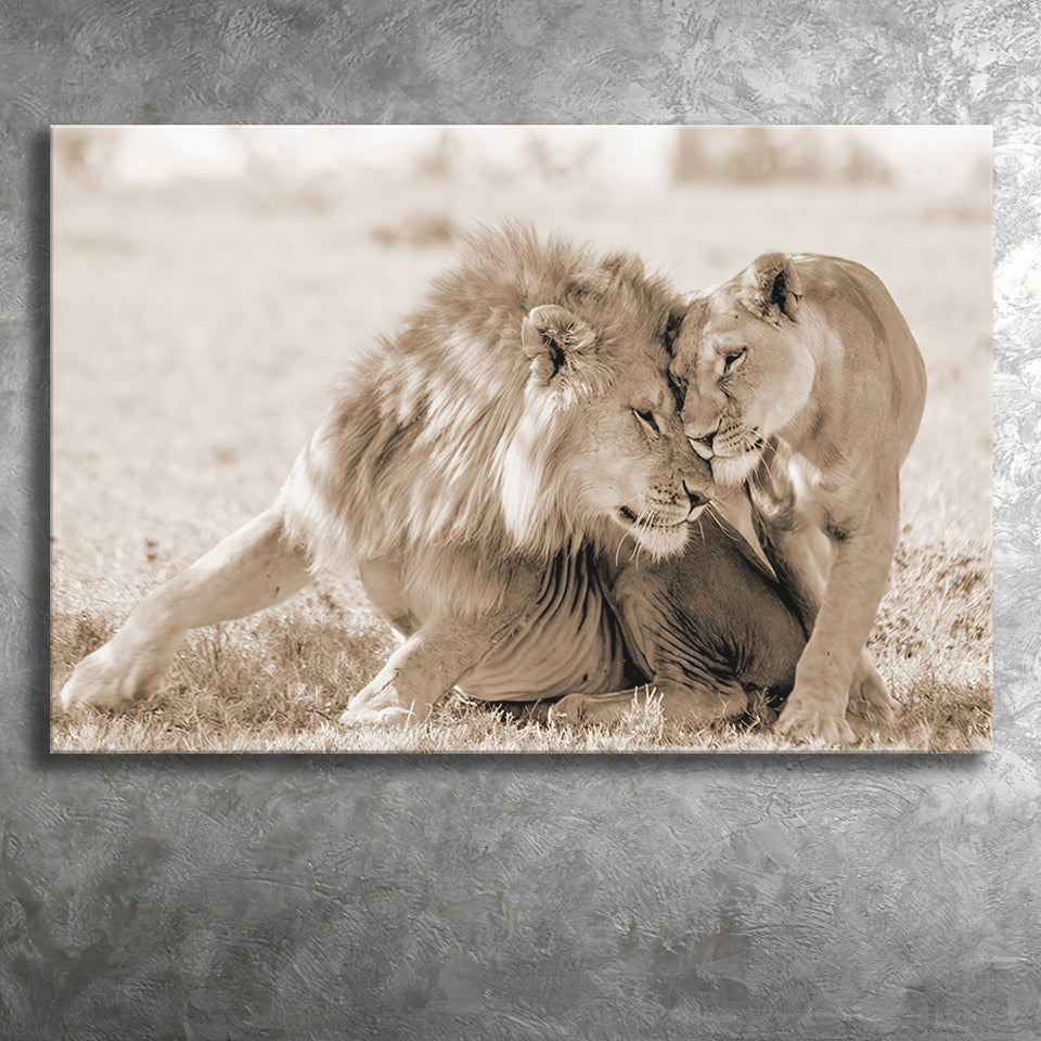 Lions In Love Sepia Canvas Prints Wall Art - Painting Canvas,Wall Decor, Painting Prints,For Sale