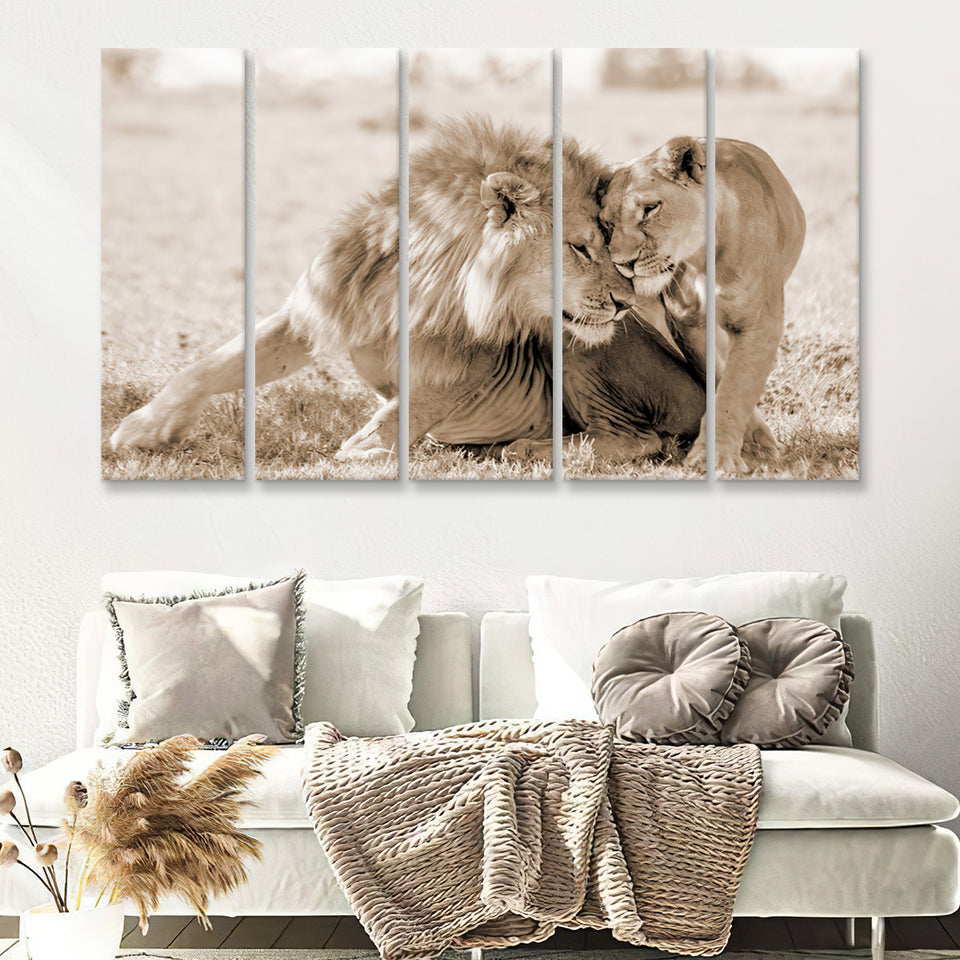 Lions In Love Sepia 5 Pieces B Canvas Prints Wall Art - Painting Canvas,Wall Decor, Multi Panel,5 Panels