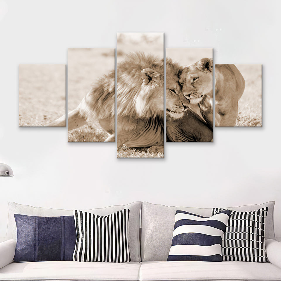 Lions In Love Sepia 5 Pieces Canvas Prints Wall Art - Painting Canvas,Wall Decor, Multi Panel,5 Panels