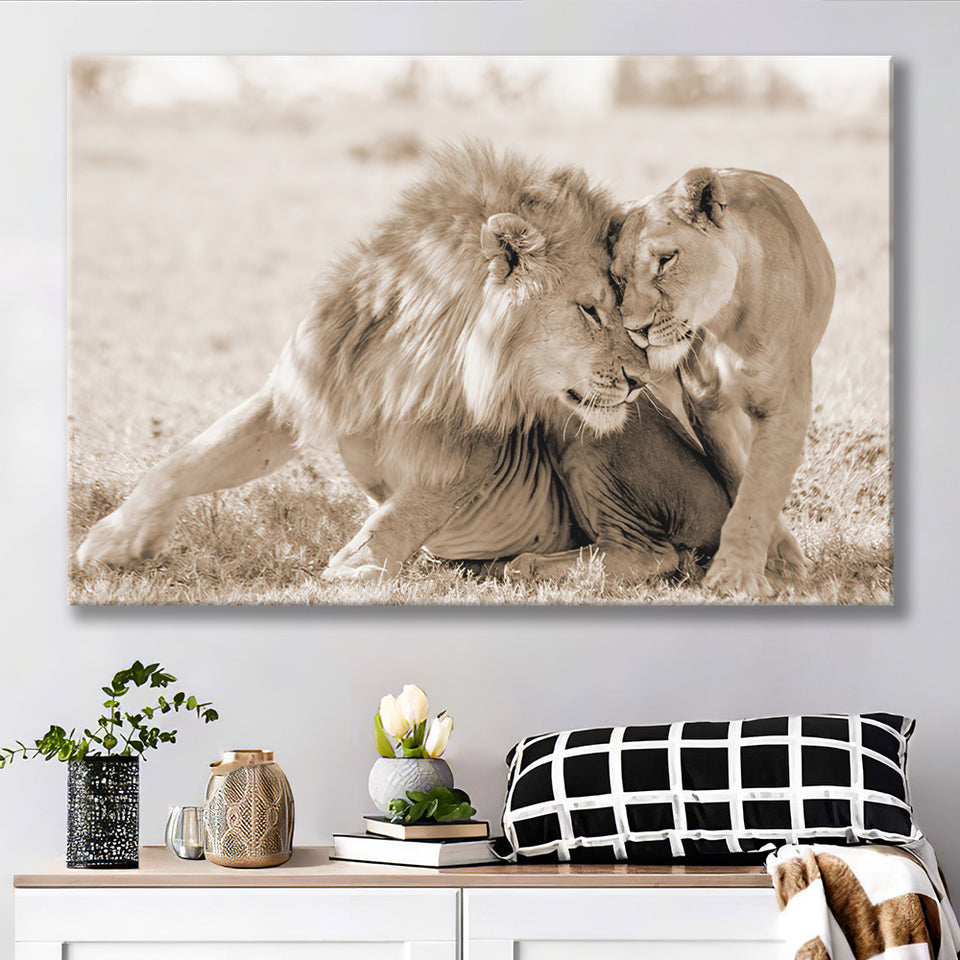 Lions In Love Sepia Canvas Prints Wall Art - Painting Canvas,Wall Decor, Painting Prints,For Sale