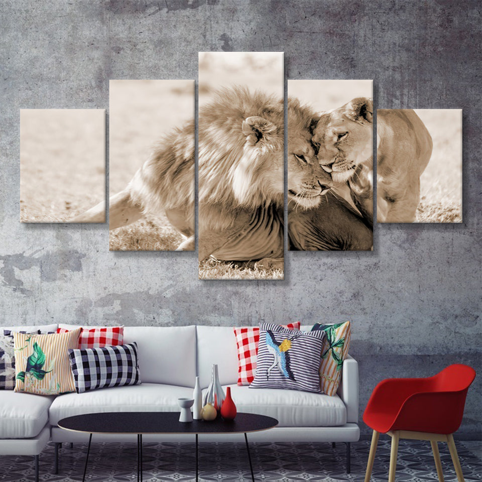 Lions In Love Sepia 5 Pieces Canvas Prints Wall Art - Painting Canvas,Wall Decor, Multi Panel,5 Panels