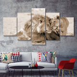 Lions In Love Sepia 5 Pieces Canvas Prints Wall Art - Painting Canvas,Wall Decor, Multi Panel,5 Panels