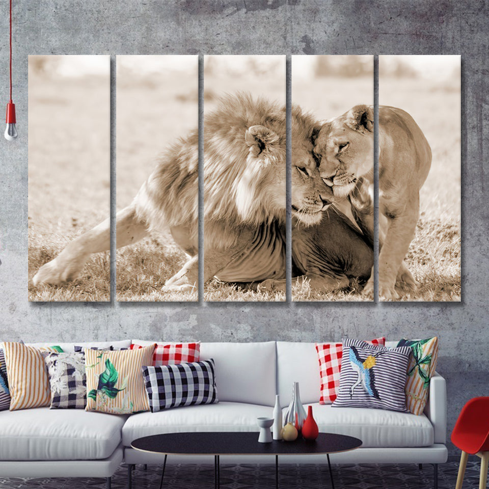 Lions In Love Sepia 5 Pieces B Canvas Prints Wall Art - Painting Canvas,Wall Decor, Multi Panel,5 Panels