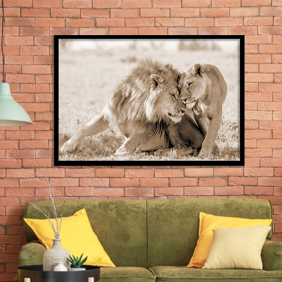 Lions In Love Sepia Framed Art Prints Wall Decor - Painting Prints,Wall Art, Framed Picture,For Sale