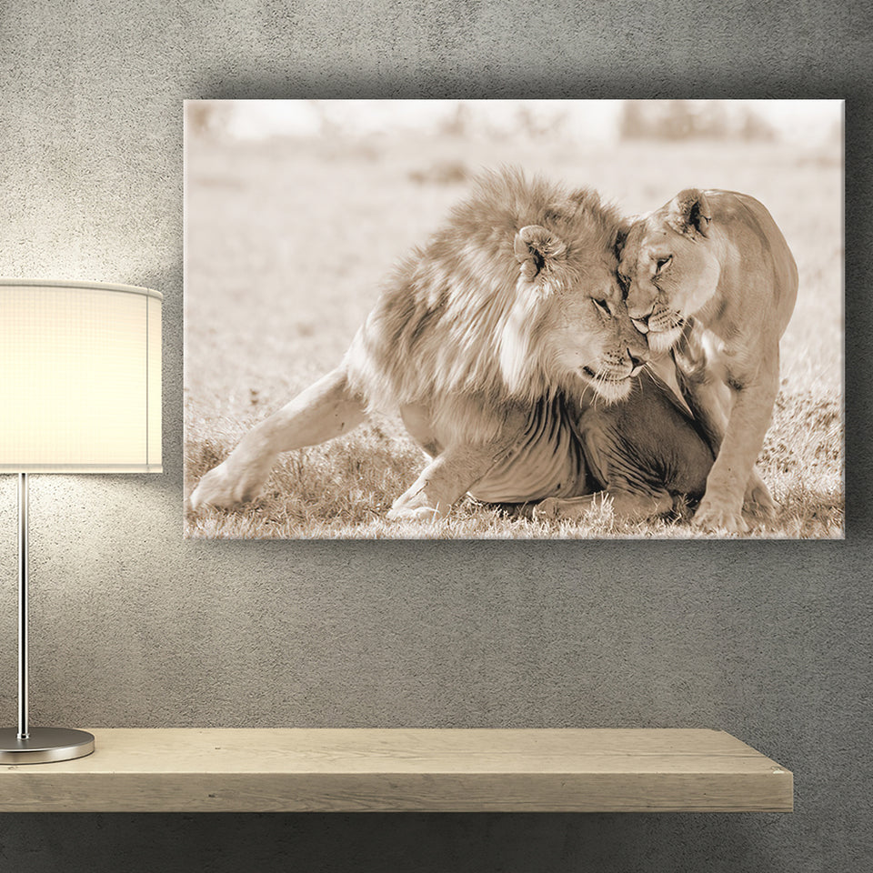 Lions In Love Sepia Canvas Prints Wall Art - Painting Canvas,Wall Decor, Painting Prints,For Sale