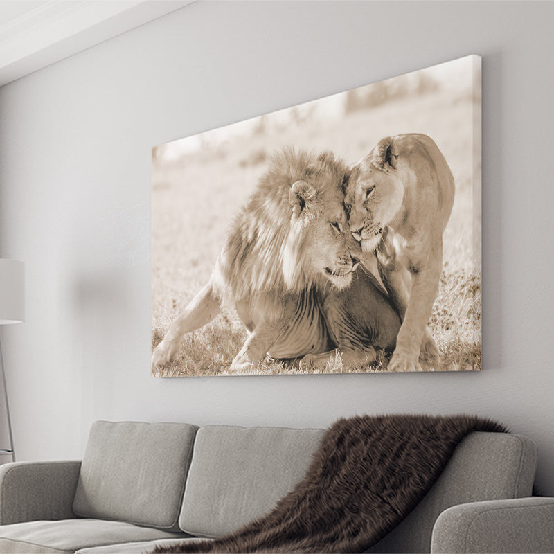 Lions In Love Sepia Canvas Prints Wall Art - Painting Canvas,Wall Decor, Painting Prints,For Sale