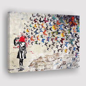Little Girl Shot Head Butterfly Graffiti Art Canvas Wall Art - Painting Canvas, Canvas Prints, Painting Art