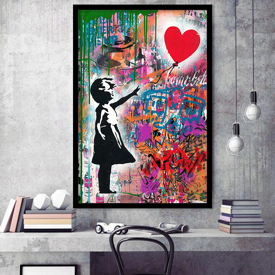 Little Girl With Balloon Framed Art Print Wall Decor - Painting Art, Wall Art, Framed Picture, Black Frame