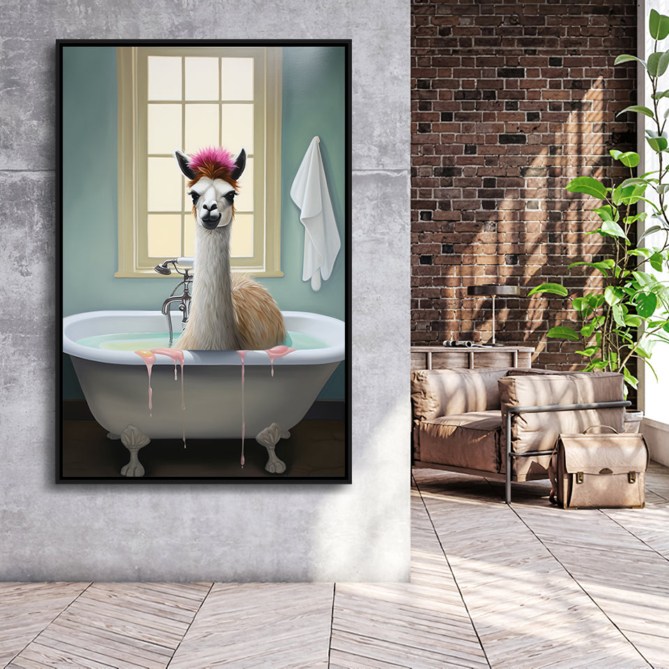 Llama In Bathtube Bathroom Art Funny Llama Painting V2,Framed Canvas Prints,Floating Frame, Wall Art Home Decor