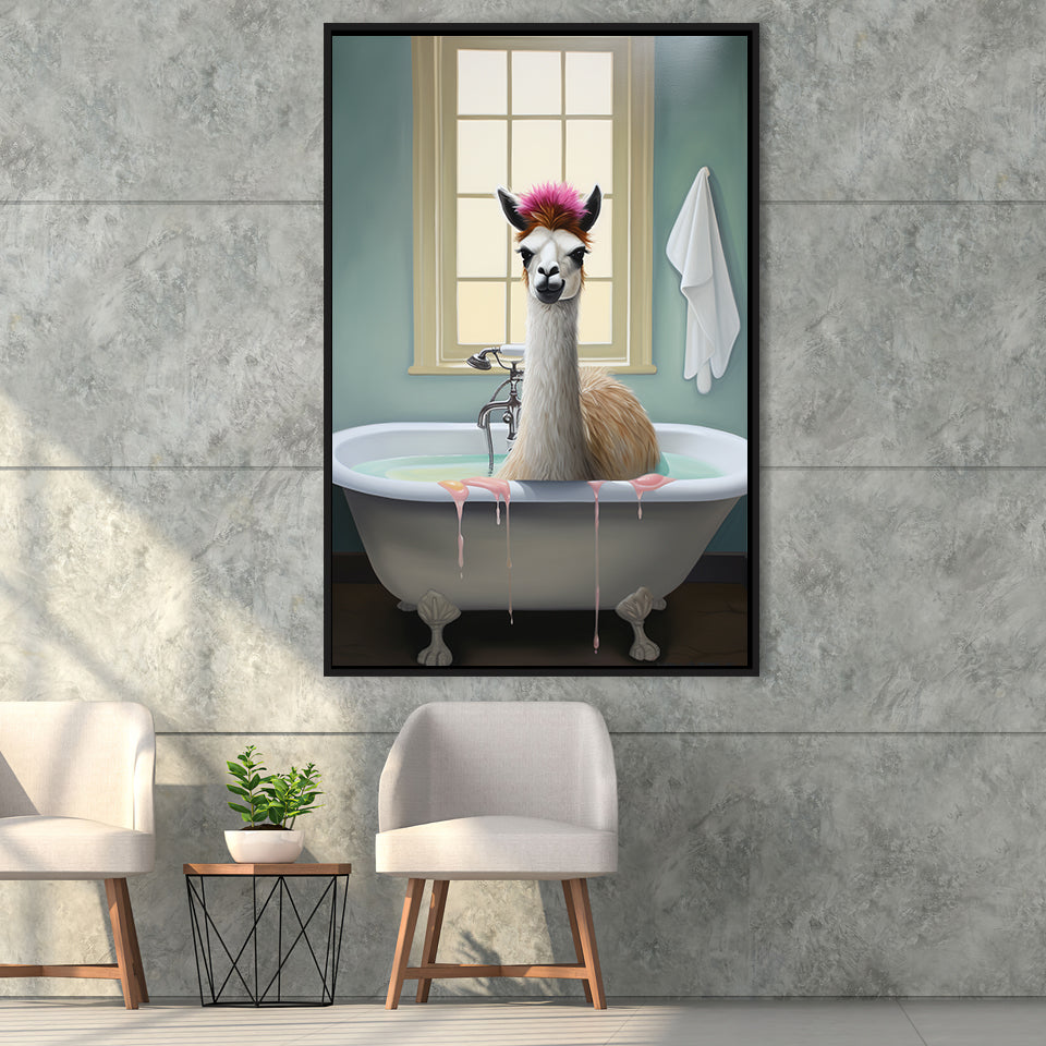 Llama In Bathtube Bathroom Art Funny Llama Painting V2,Framed Canvas Prints,Floating Frame, Wall Art Home Decor