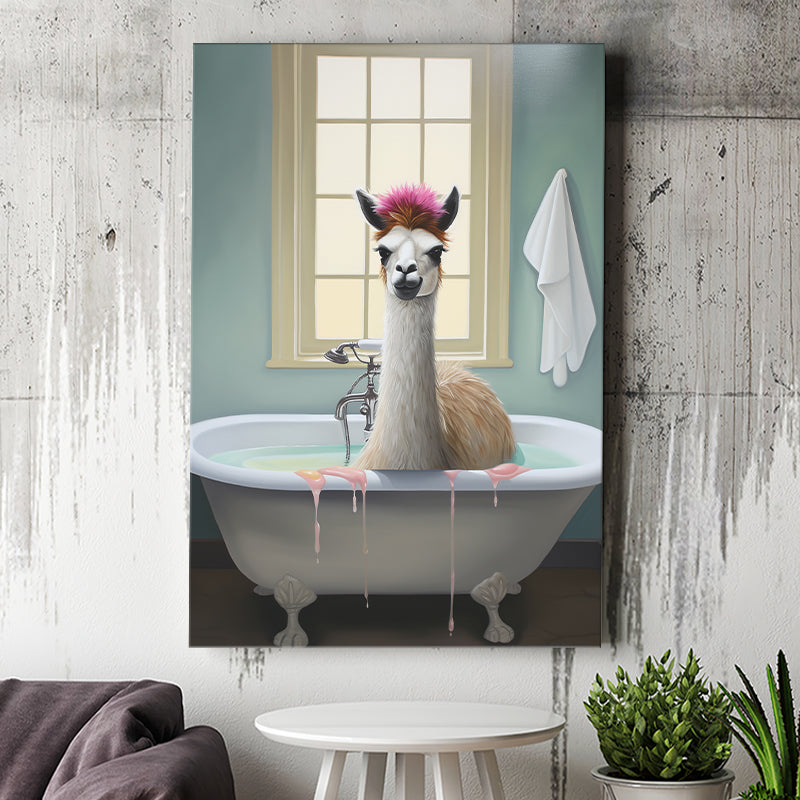 Llama In Bathtube Bathroom Art Funny Llama Painting V2, Painting Art, Canvas Prints Wall Art Home Decor