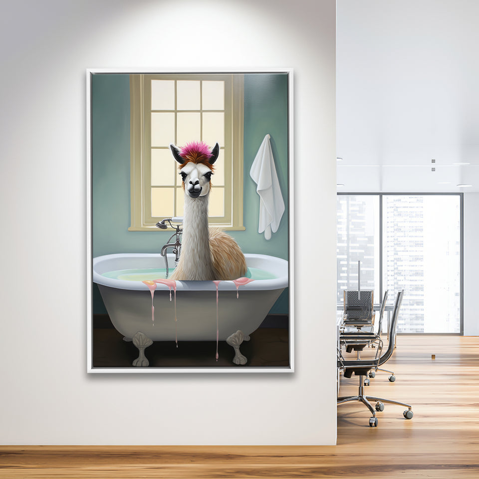 Llama In Bathtube Bathroom Art Funny Llama Painting V2,Framed Canvas Prints,Floating Frame, Wall Art Home Decor