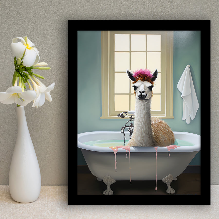 Llama In Bathtube Bathroom Art Funny Llama Painting V2, Painting Art, Framed Art Prints Wall Decor