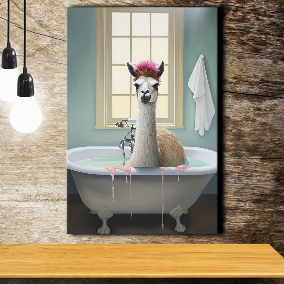 Llama In Bathtube Bathroom Art Funny Llama Painting V2, Painting Art, Canvas Prints Wall Art Home Decor