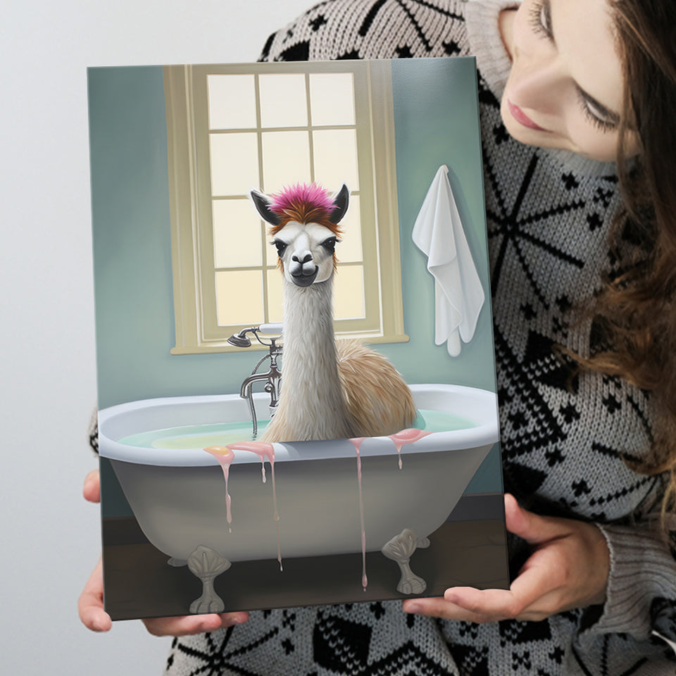 Llama In Bathtube Bathroom Art Funny Llama Painting V2, Painting Art, Canvas Prints Wall Art Home Decor