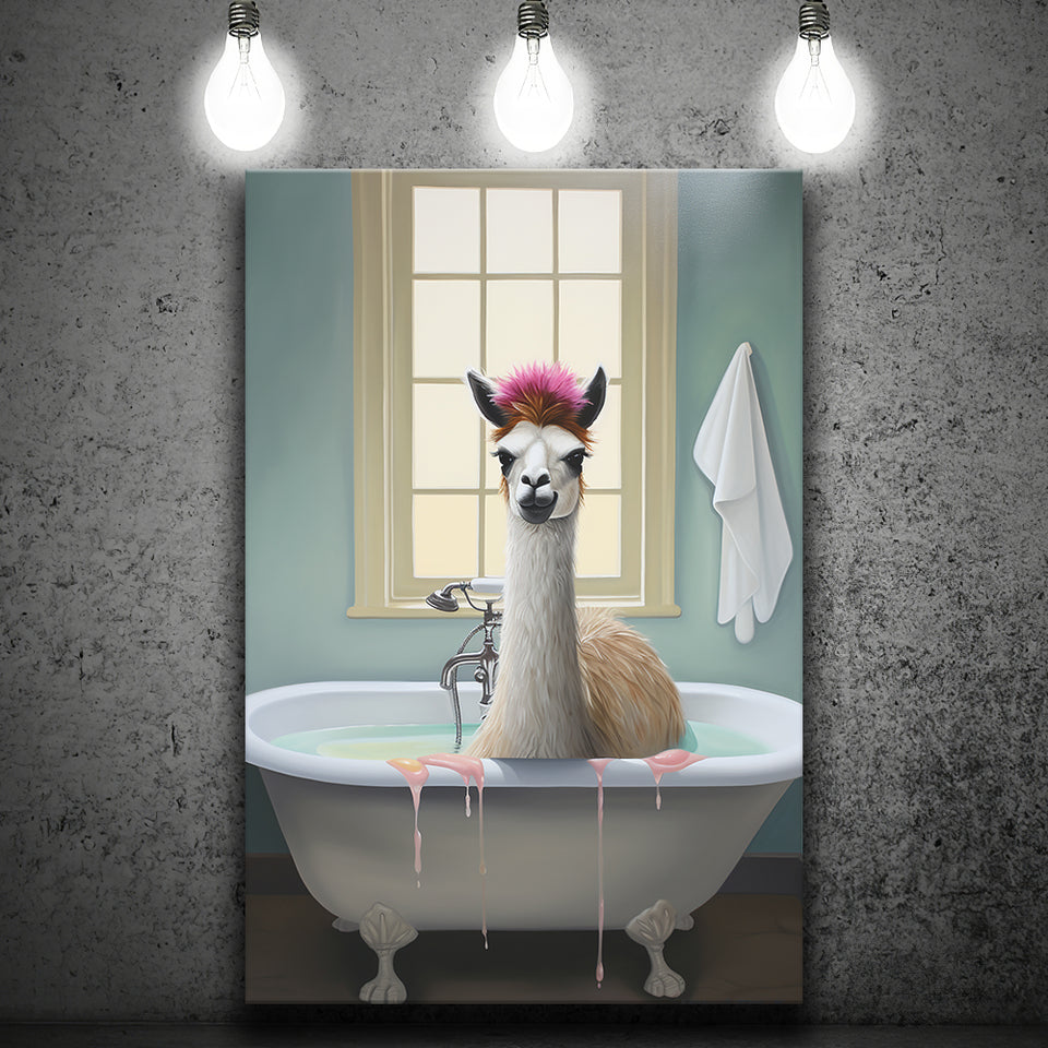 Llama In Bathtube Bathroom Art Funny Llama Painting V2, Painting Art, Canvas Prints Wall Art Home Decor