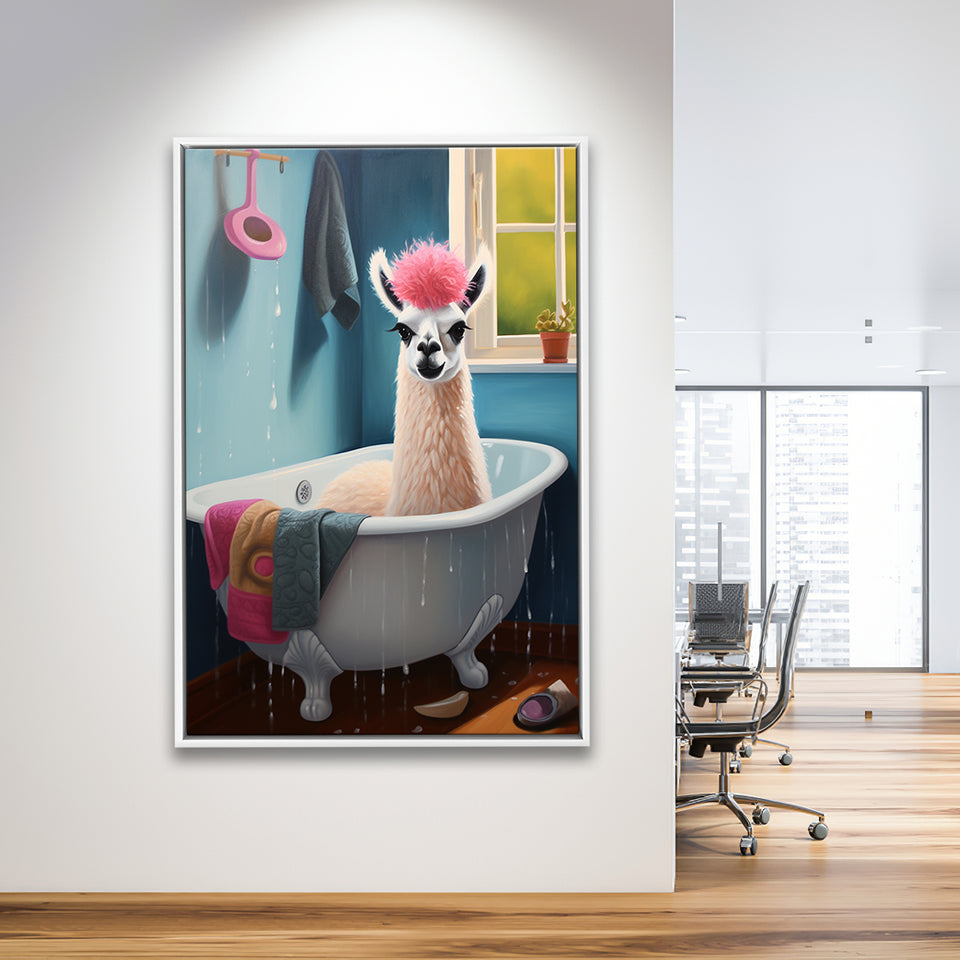 Llama In Bathtube Bathroom Art Funny Llama Painting,Framed Canvas Prints,Floating Frame, Wall Art Home Decor