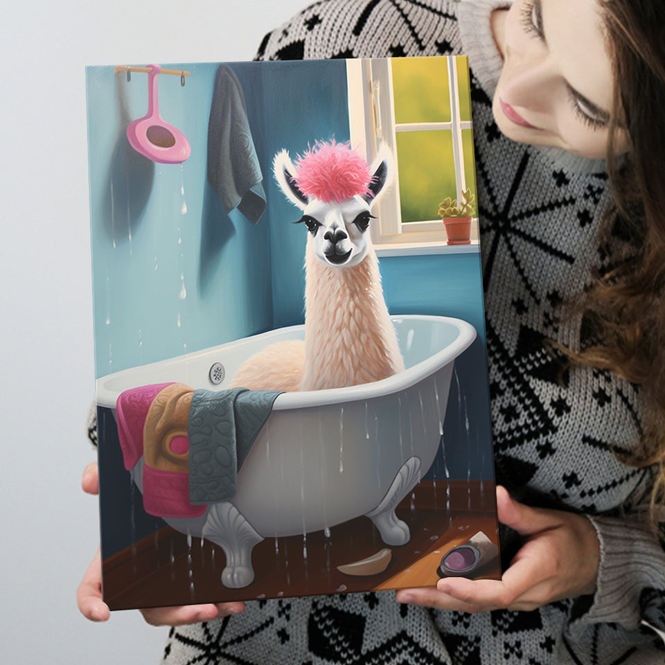 Llama In Bathtube Bathroom Art Funny Llama Painting, Painting Art, Canvas Prints Wall Art Home Decor