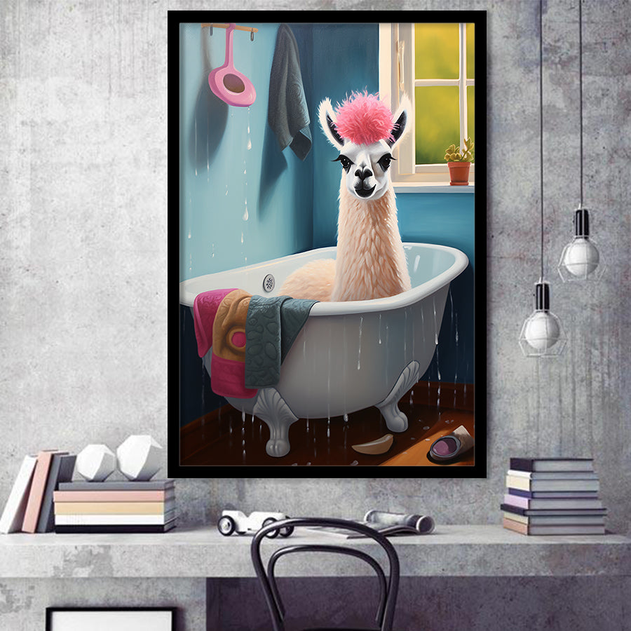 Llama In Bathtube Bathroom Art Funny Llama Painting, Painting Art, Framed Art Prints Wall Decor