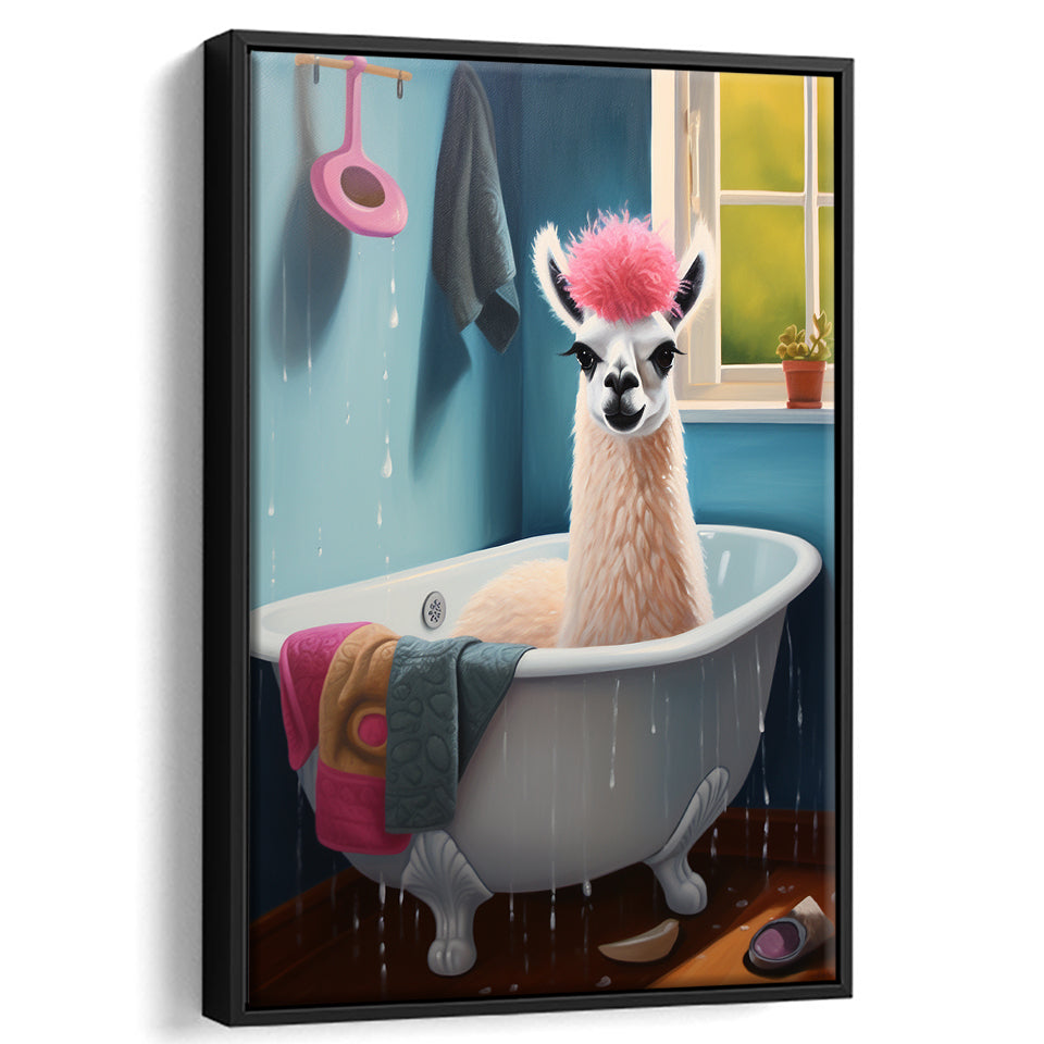 Llama In Bathtube Bathroom Art Funny Llama Painting,Framed Canvas Prints,Floating Frame, Wall Art Home Decor