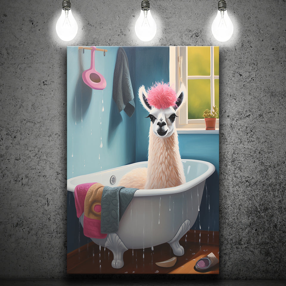 Llama In Bathtube Bathroom Art Funny Llama Painting, Painting Art, Canvas Prints Wall Art Home Decor