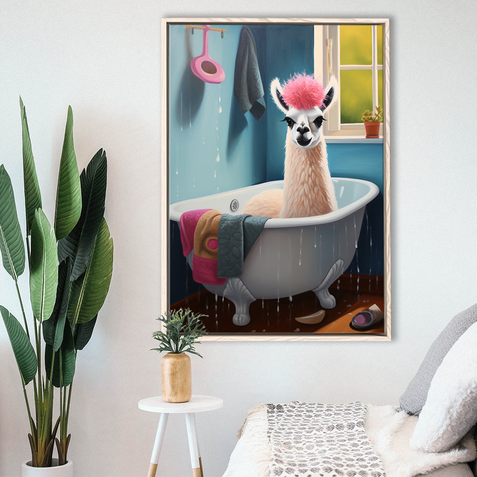 Llama In Bathtube Bathroom Art Funny Llama Painting,Framed Canvas Prints,Floating Frame, Wall Art Home Decor