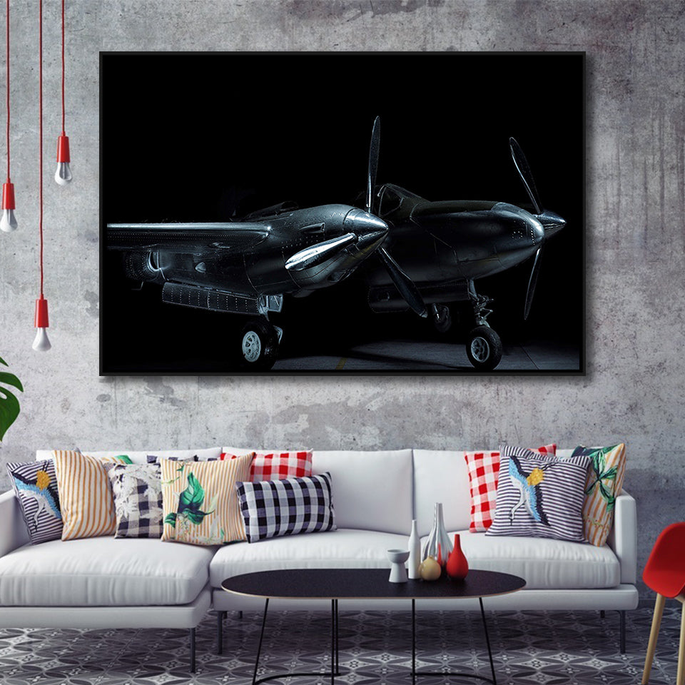 Lockheed P38 Lightning,Aviation Framed Canvas Prints Wall Art Decor, Black Floating Frame