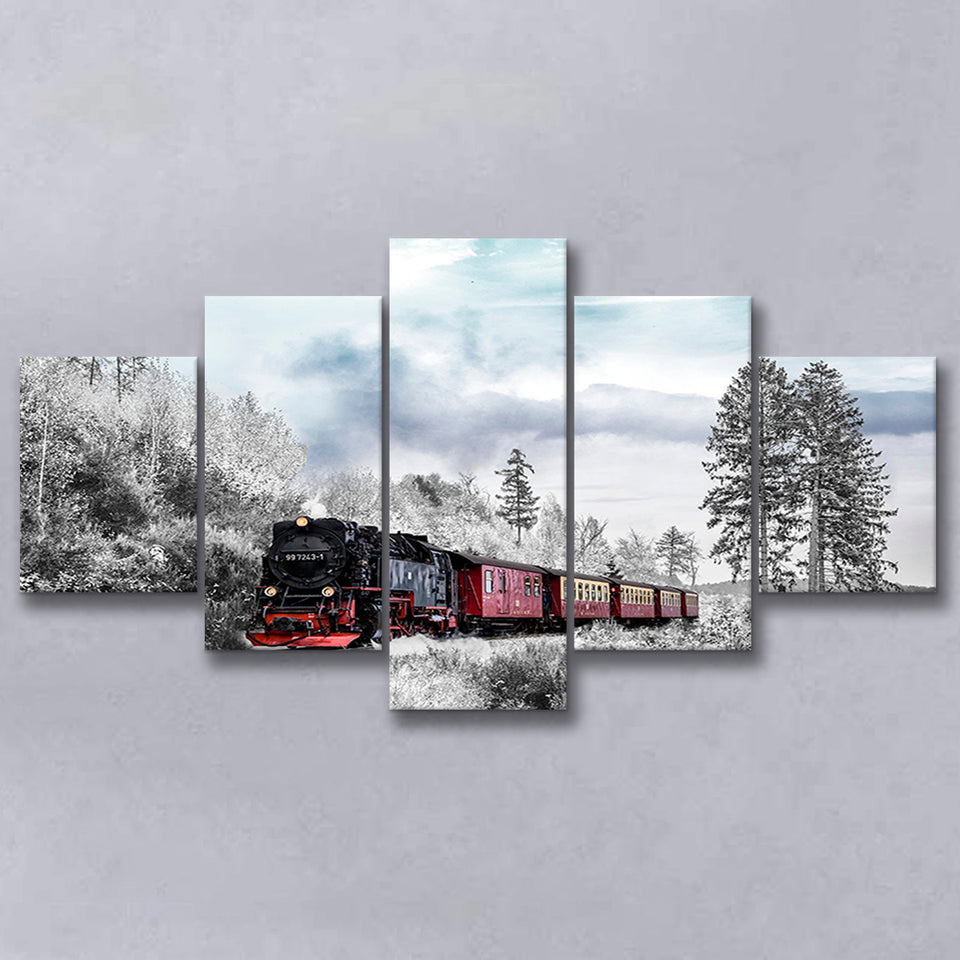 Locomotive Train 5 Piece Canvas Prints Wall Art Decor, Multi Panels, Mixed Canvas