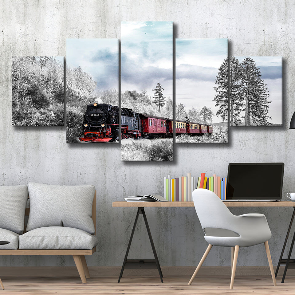 Locomotive Train 5 Piece Canvas Prints Wall Art Decor, Multi Panels, Mixed Canvas