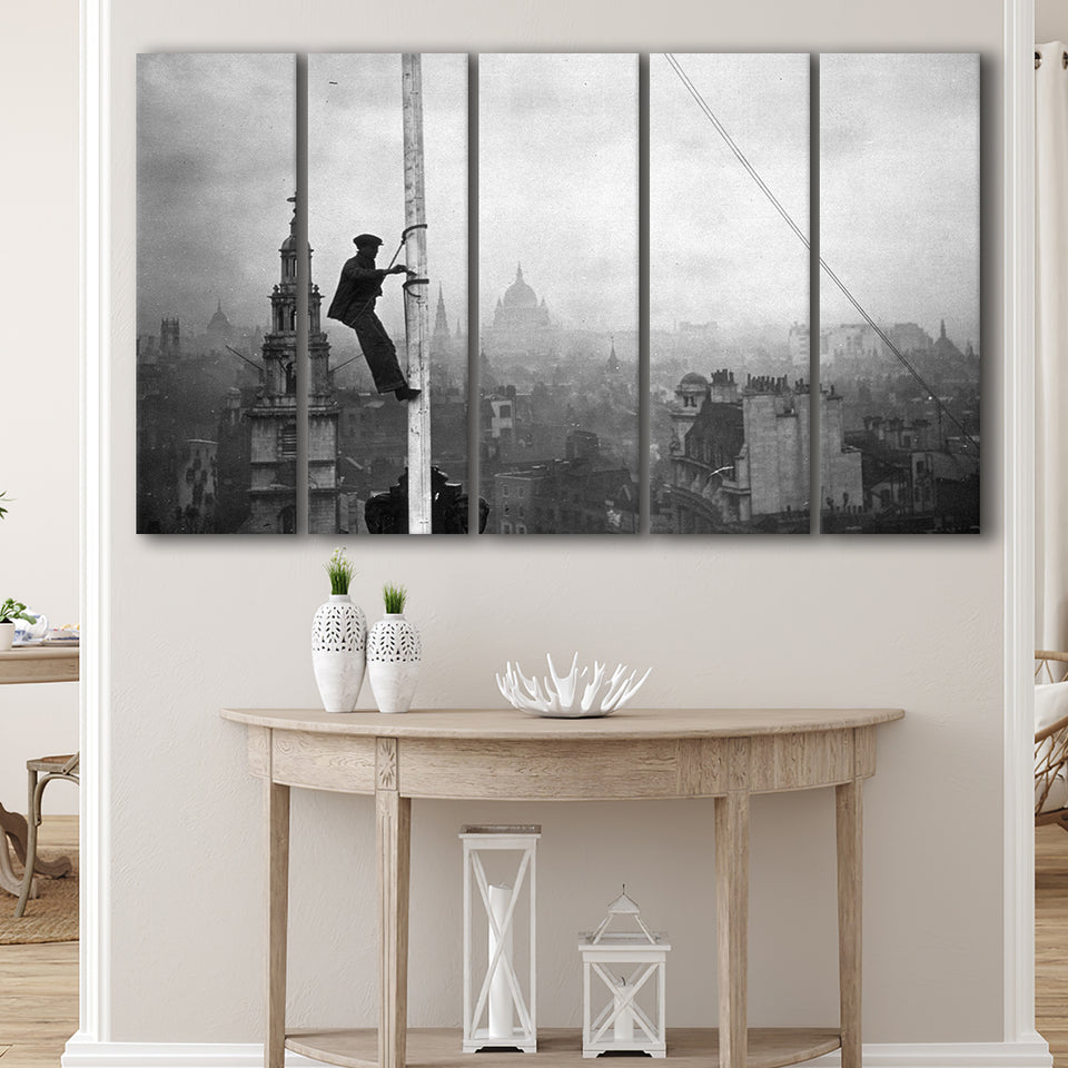 London Cityscape Black And White Print, City Worker Vintage Larger Canvas Art, 5 Piece Canvas Prints Wall Art Decor